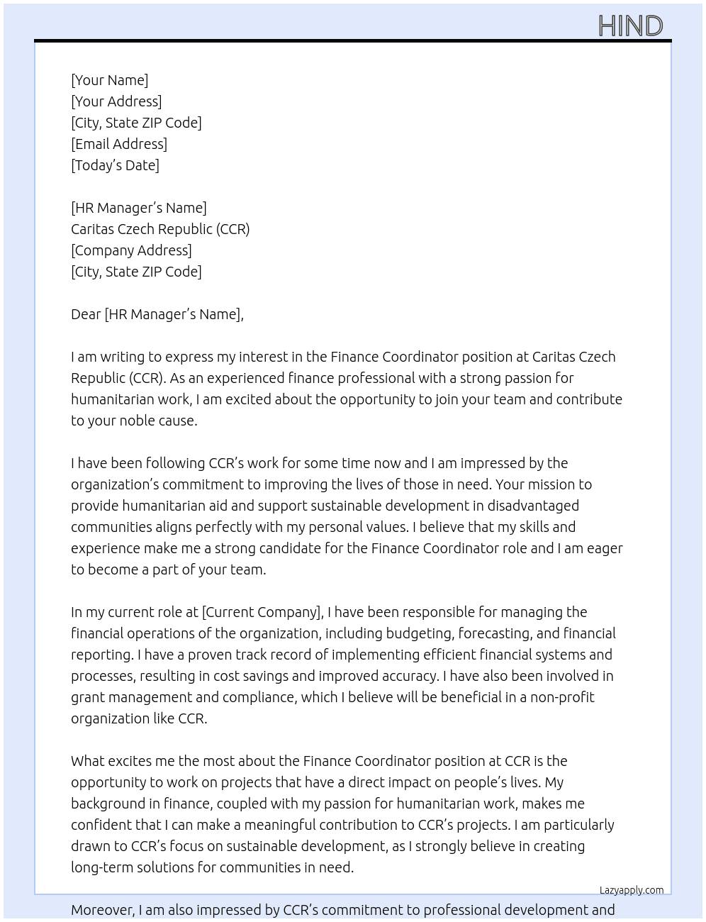 Finance coordinator At Caritas Czech Republic (CCR) Cover Letter