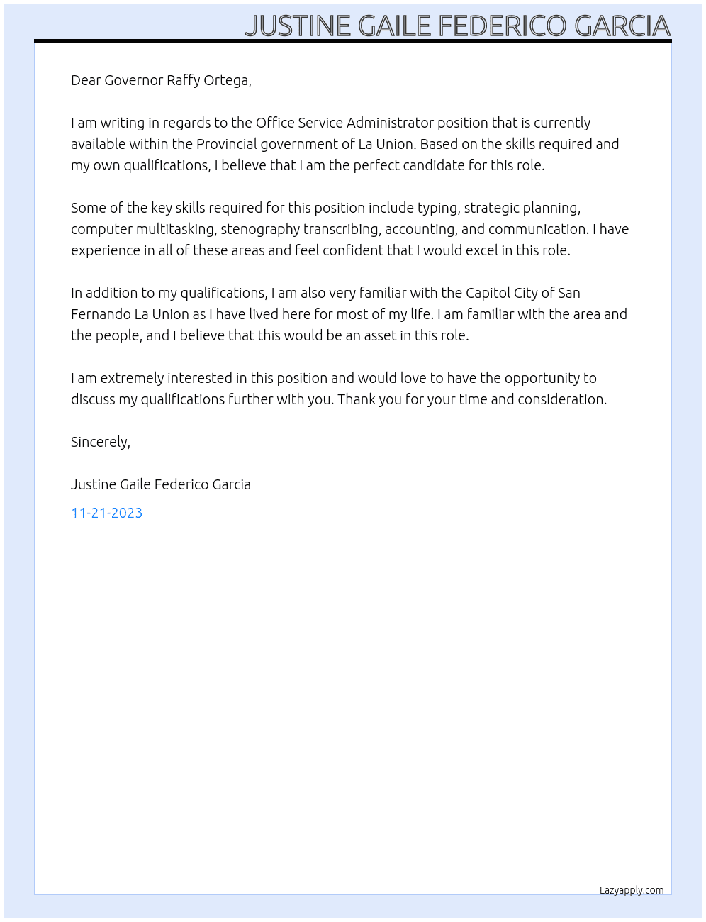 Office service Administrator  At Provincial government of La Union  Cover Letter