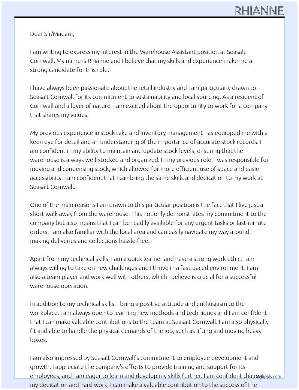 Warehouse Assisstant At Seasalt Cornwall Cover Letter