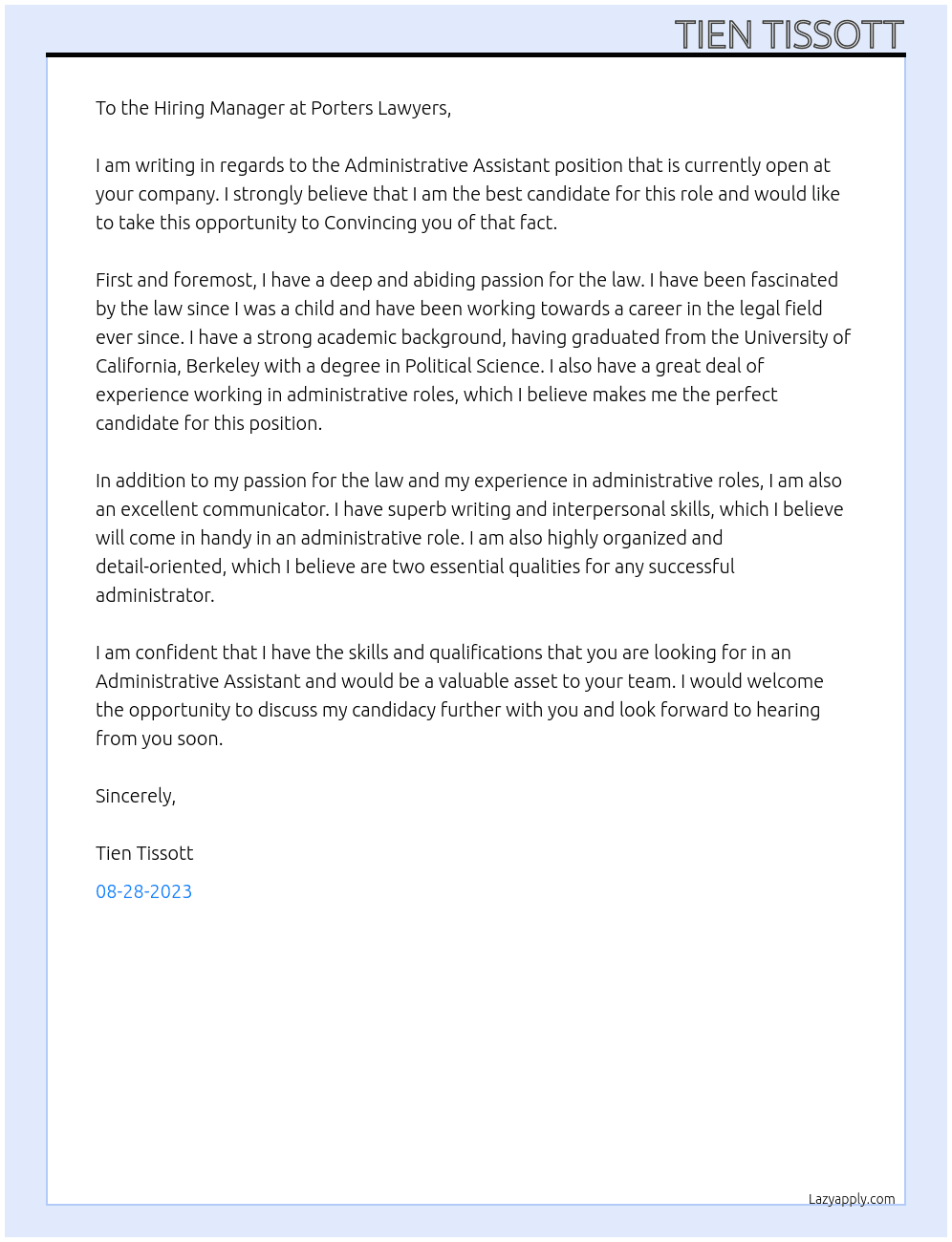 Administrative Assistant At Porters Lawyers Cover Letter