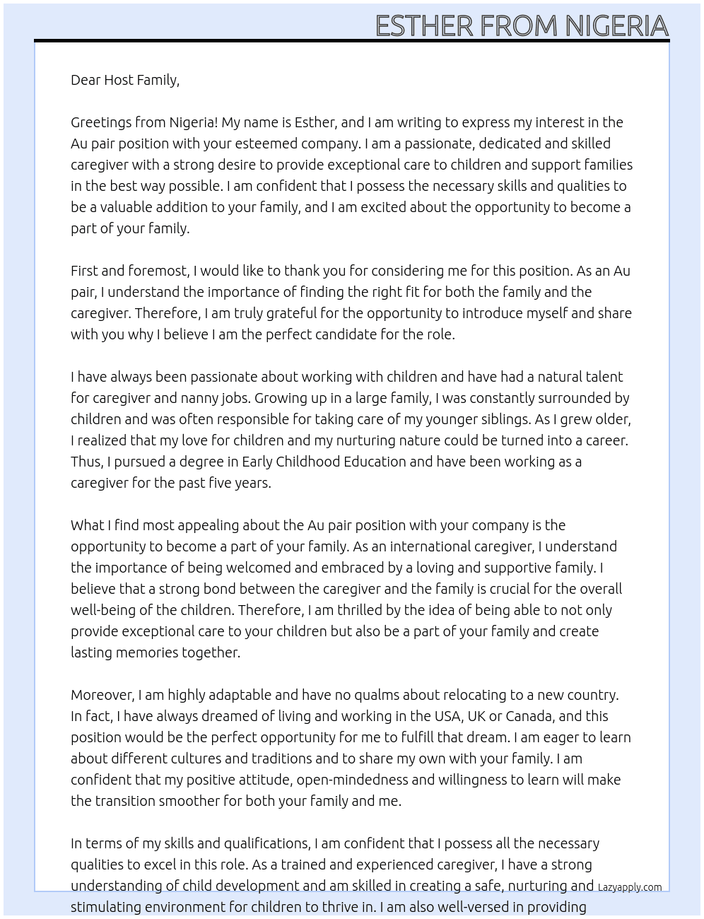 Au pair At Host family Cover Letter