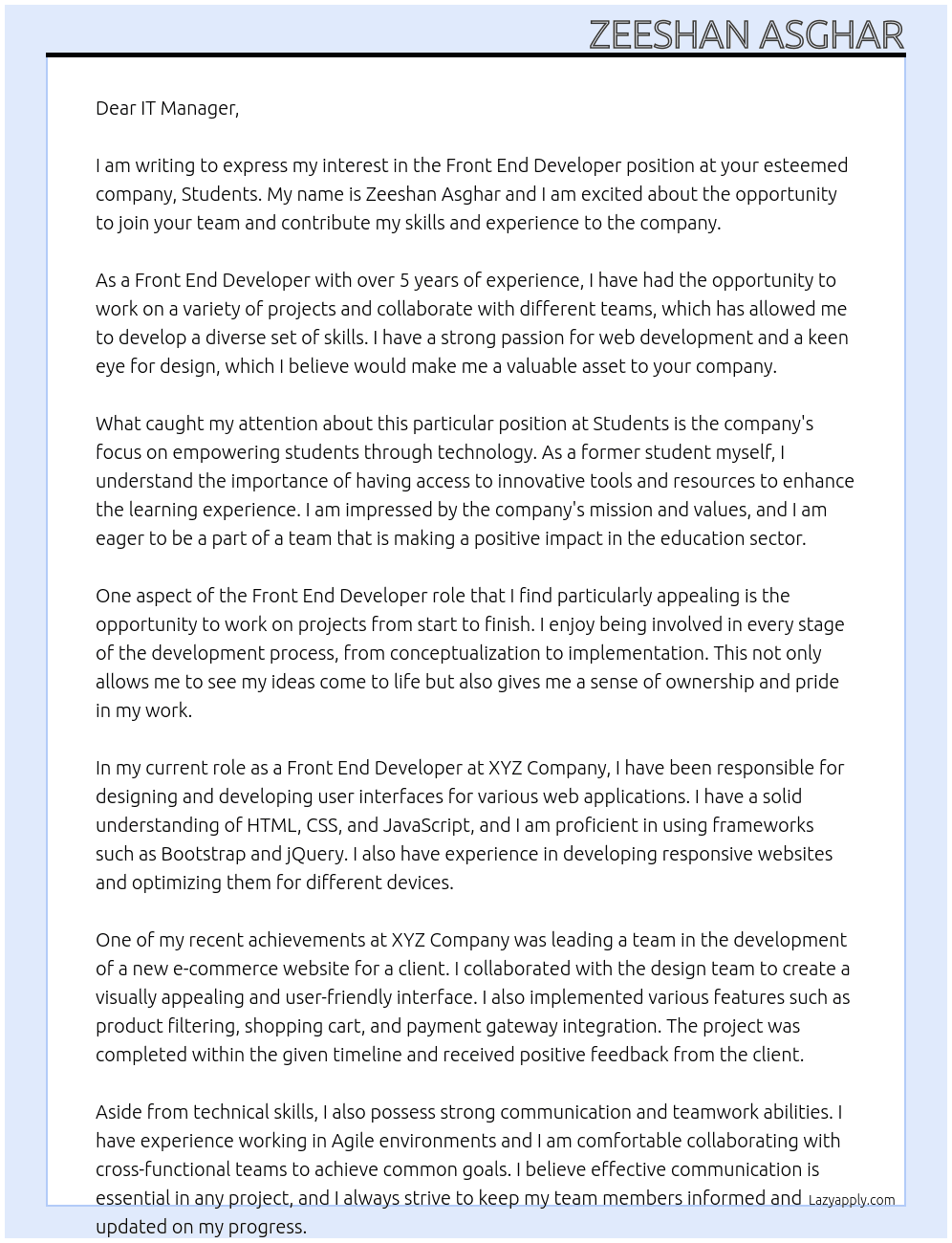 front end Developer  At students Cover Letter