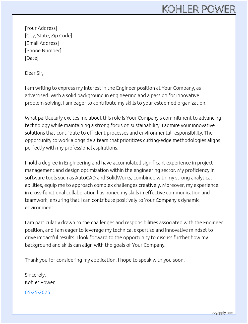 Engineer  At Your company  Cover Letter