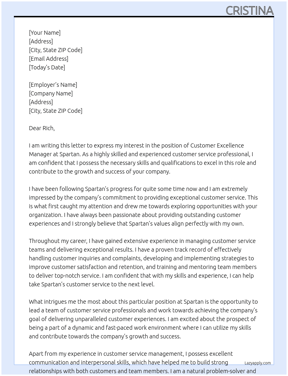 Customer excellance manager At spartan Cover Letter