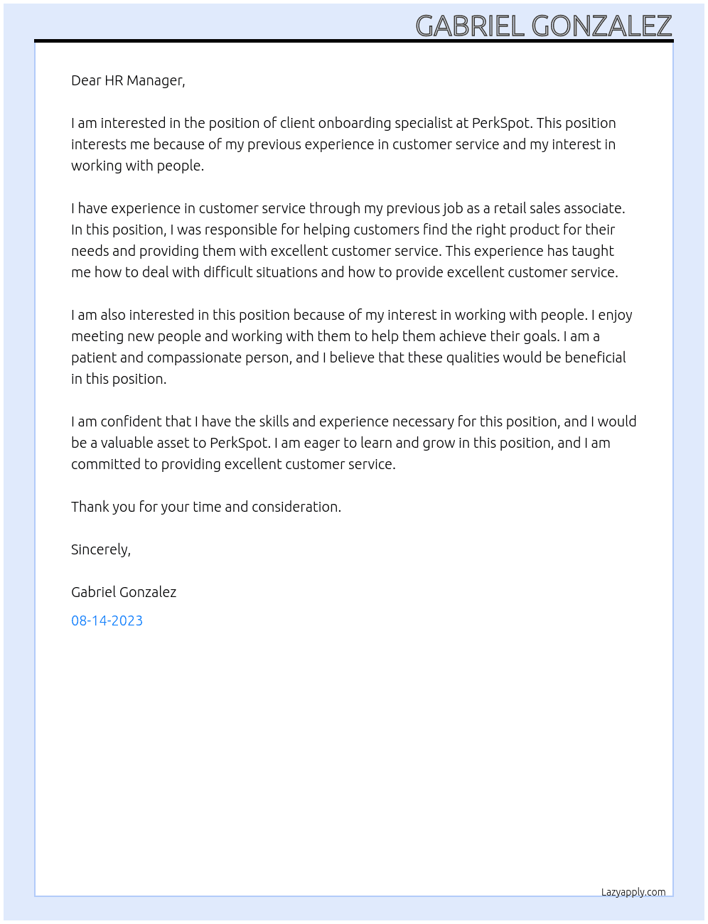 client onboarding specialist At PerkSpot Cover Letter