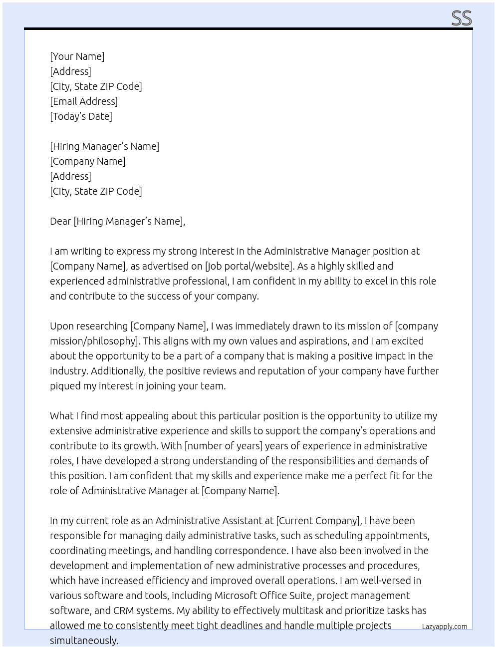administrative manager At ss Cover Letter
