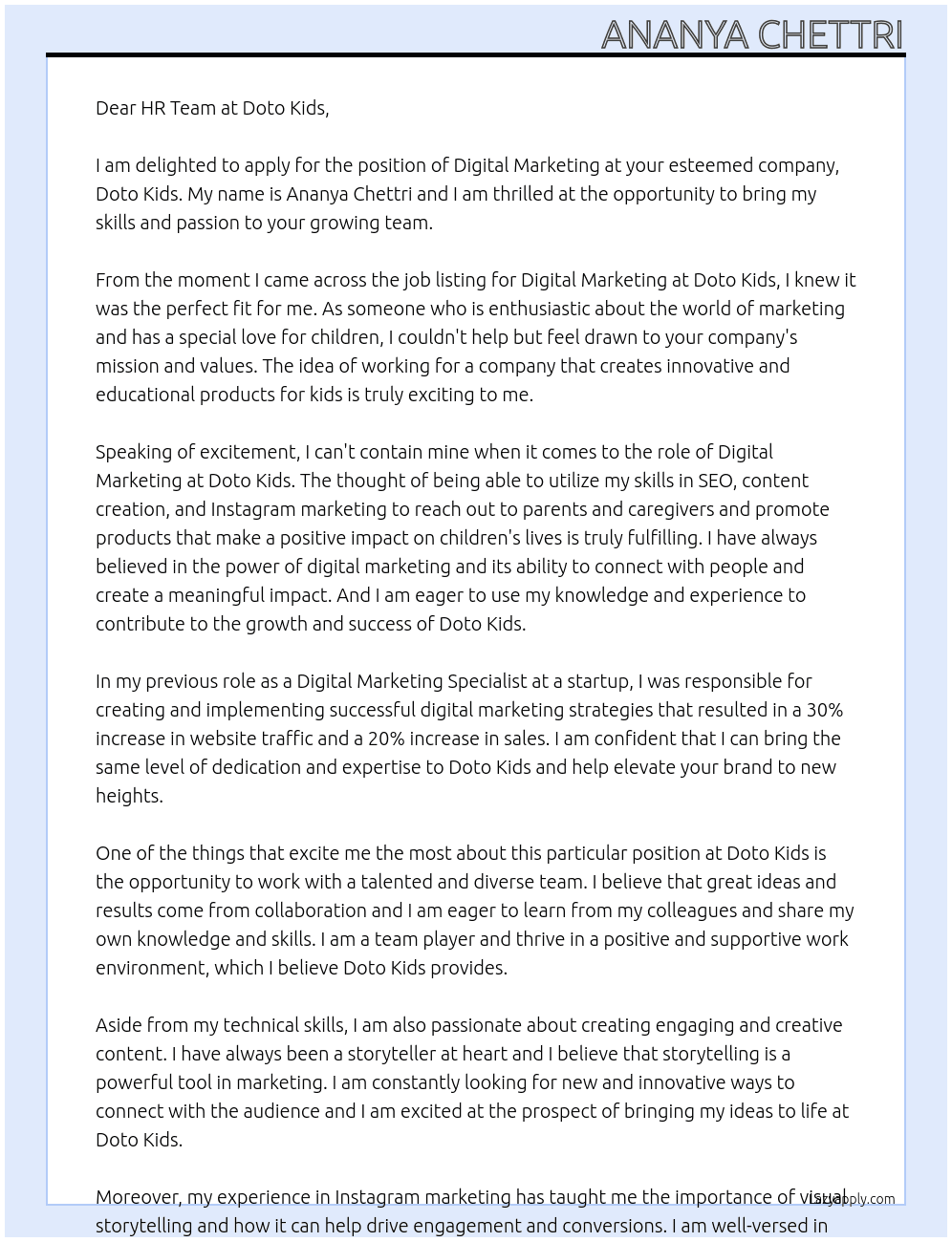 DIGITAL MARKETING At DOTO KIDS Cover Letter