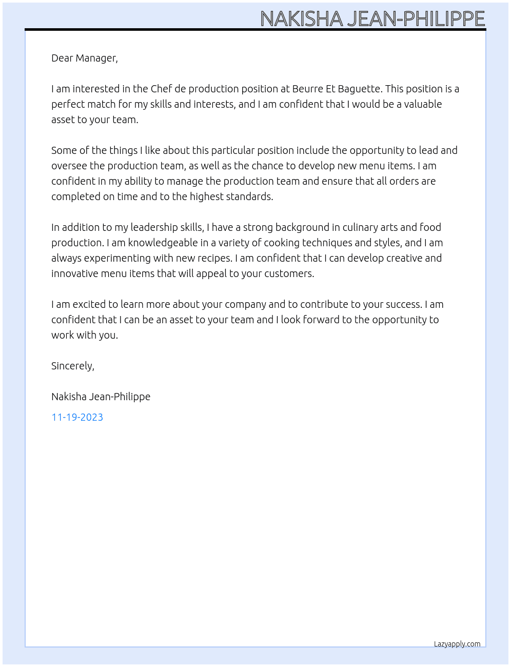 Chef de production At Beurre Et Baguette Cover Letter
