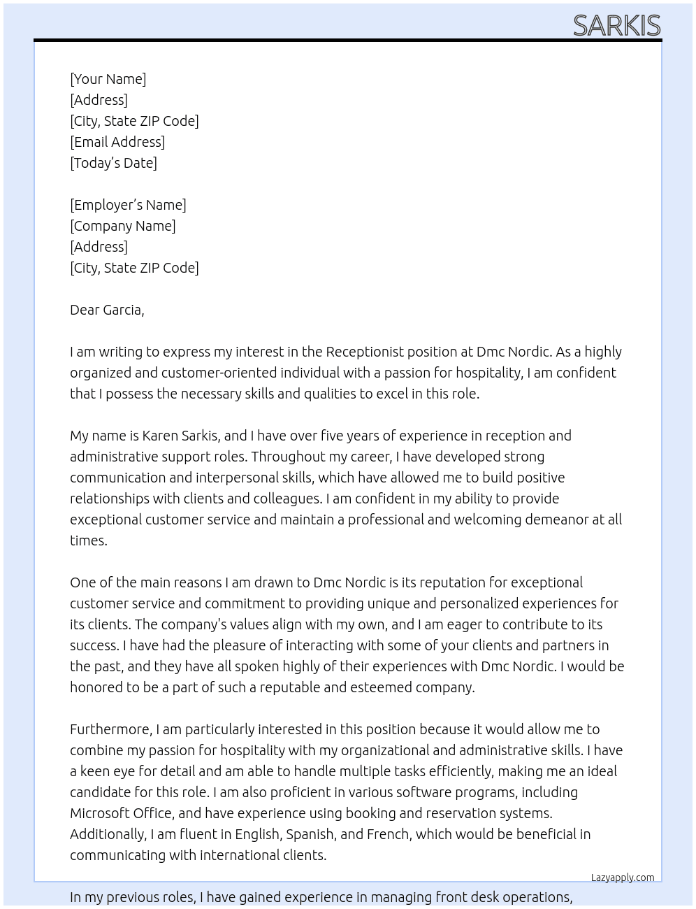 receptionist  At Dmc nordic  Cover Letter