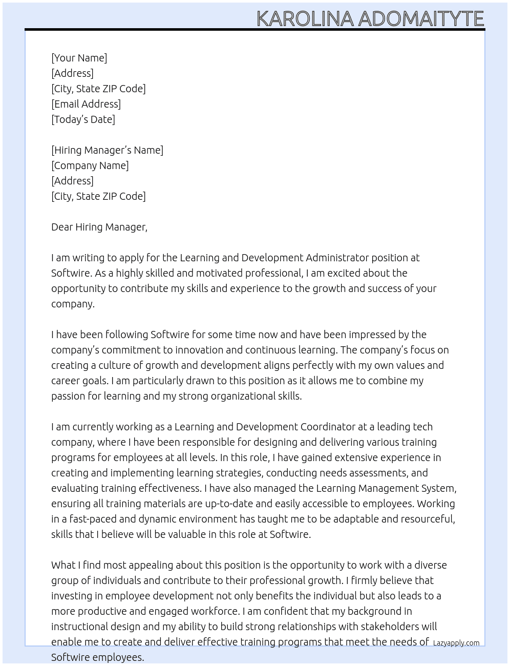 Learning and Development Administrator At Softwire Cover Letter