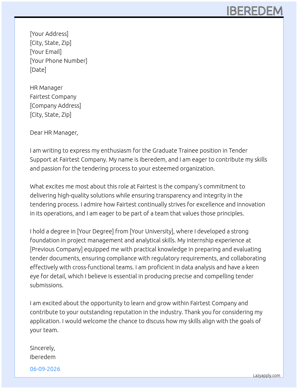 Graduate trainee in Tender support At Fairtest Company Cover Letter