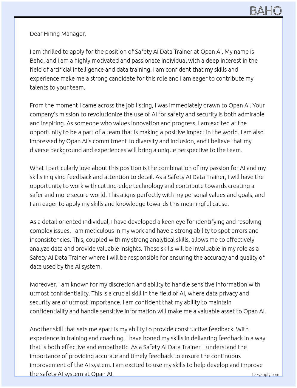 Safety AI Data Trainer At Opan AI Cover Letter