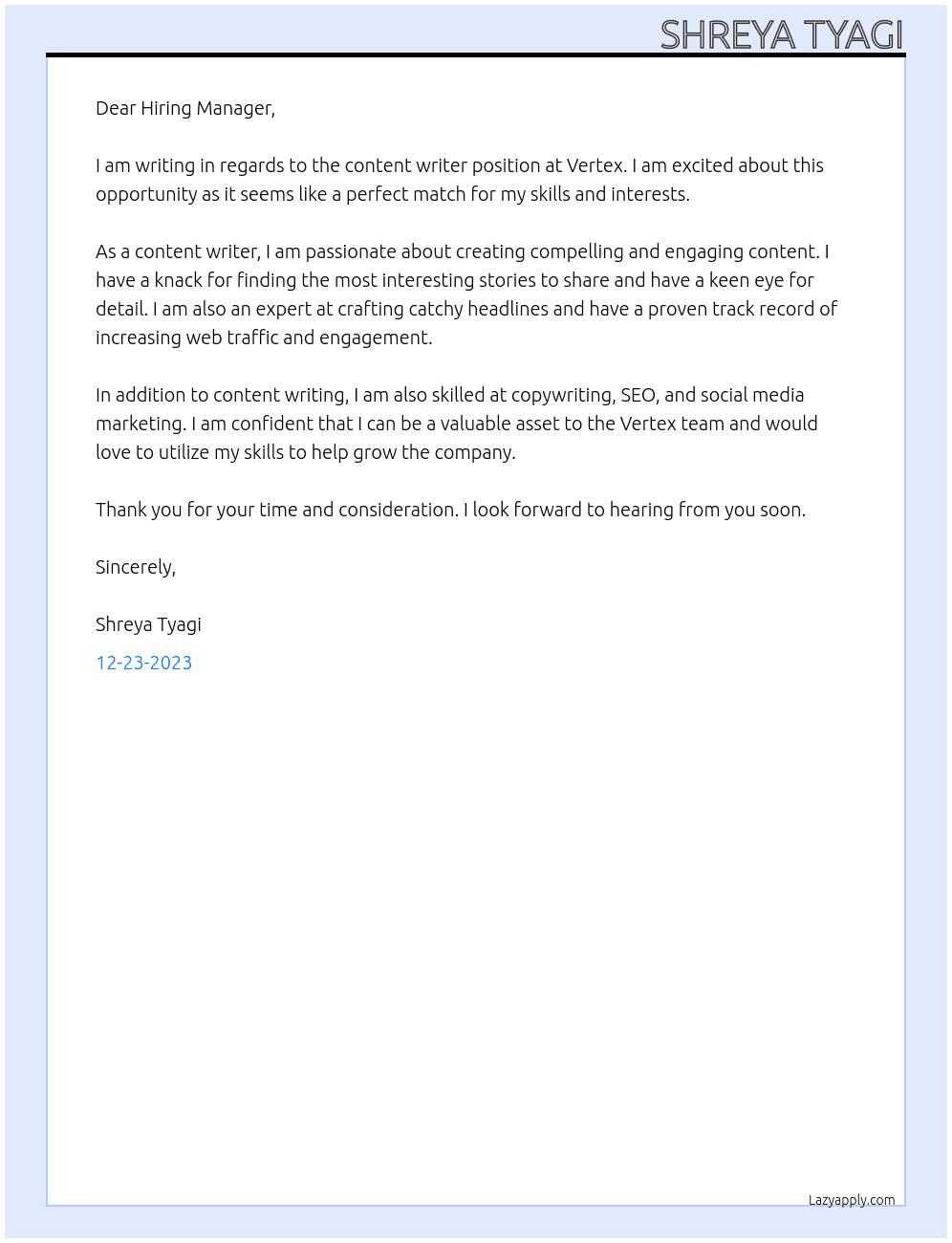 Content Writer At Vertex Cover Letter