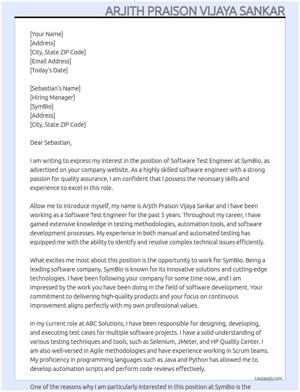 Software Test Engineer At SymBio Cover Letter