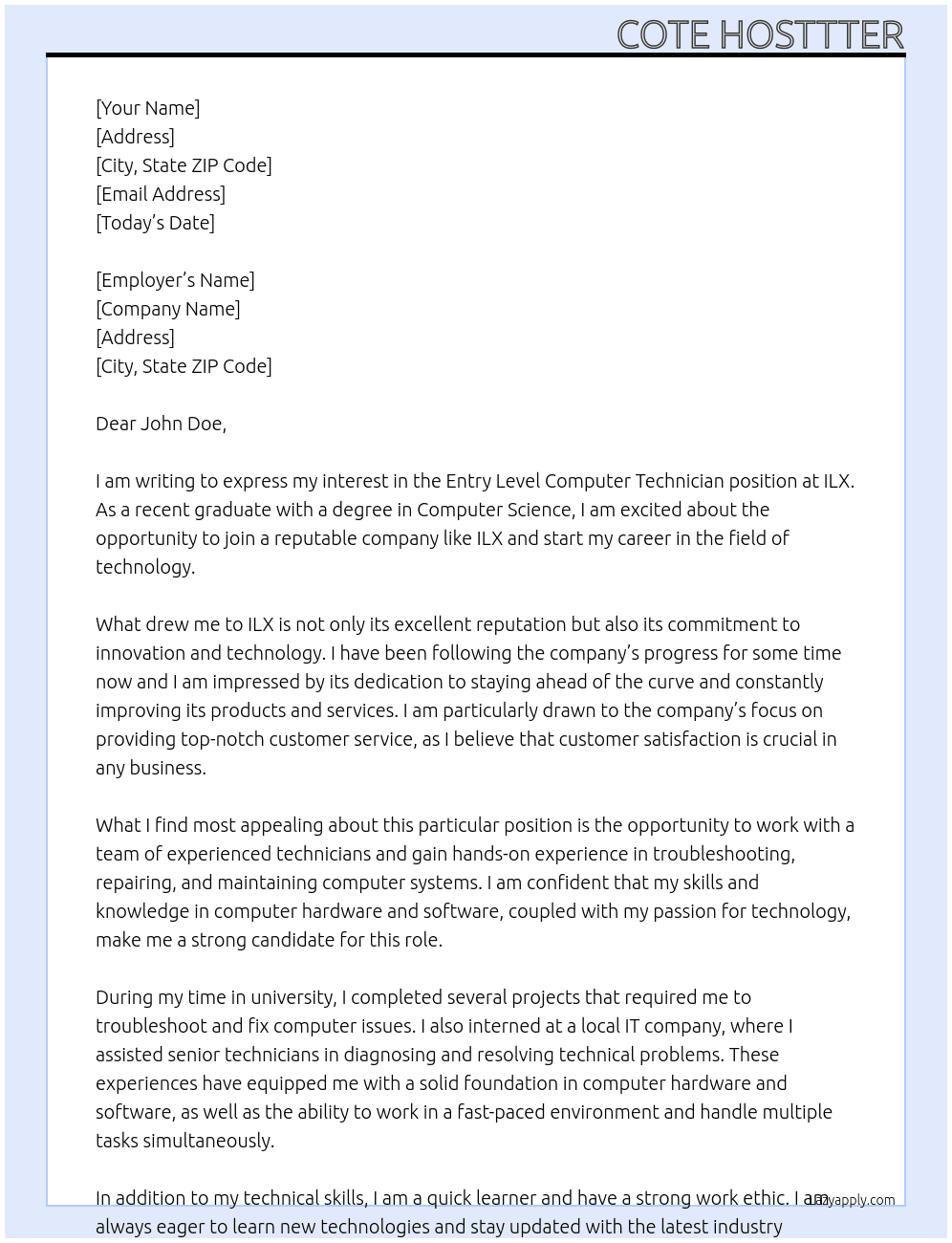 Entry Level Computer Technician At ILX Cover Letter