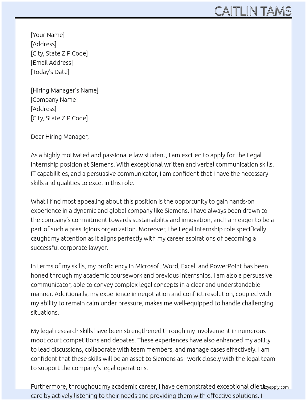 Legal internship At Siemens  Cover Letter