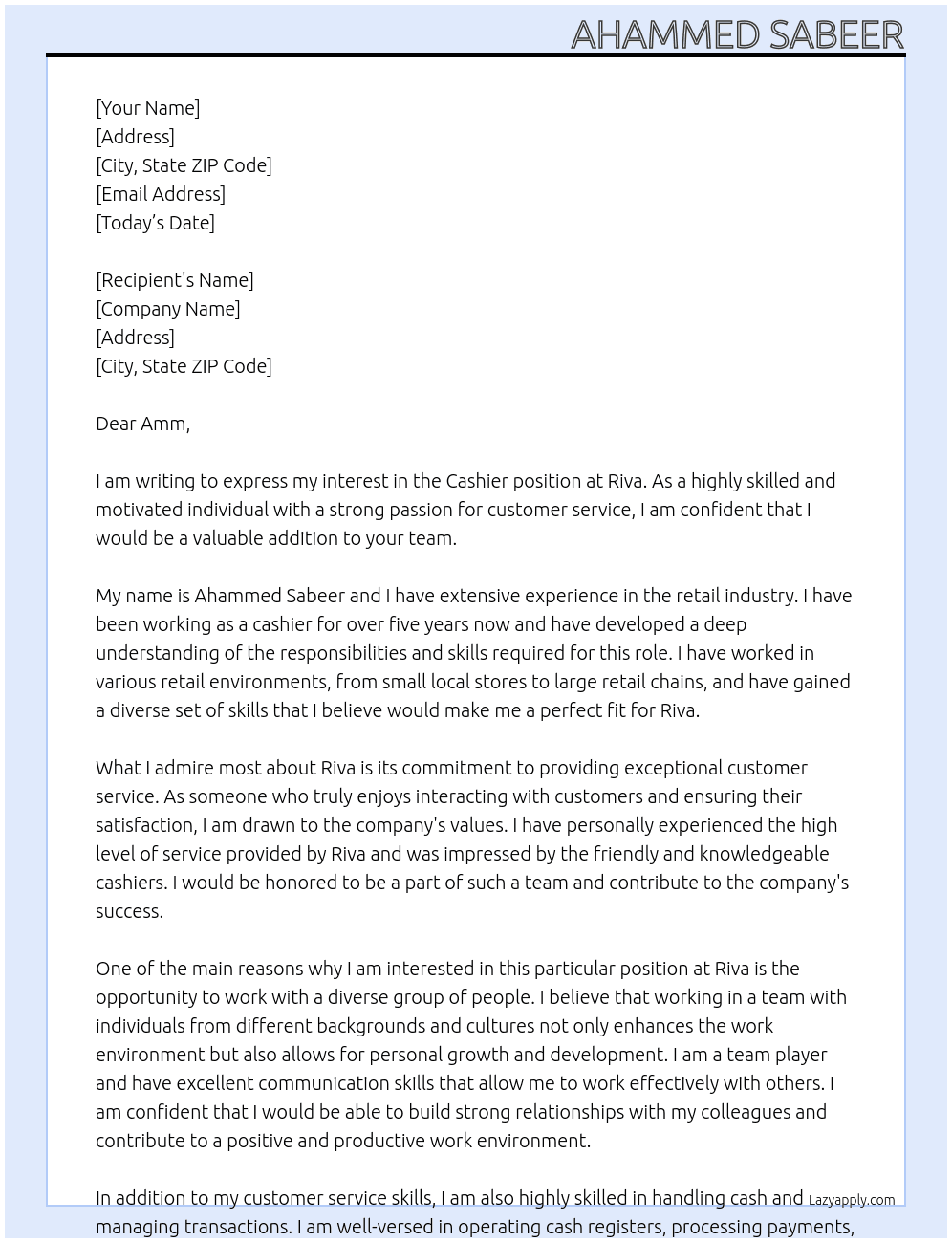 Cashier  At Riva Cover Letter