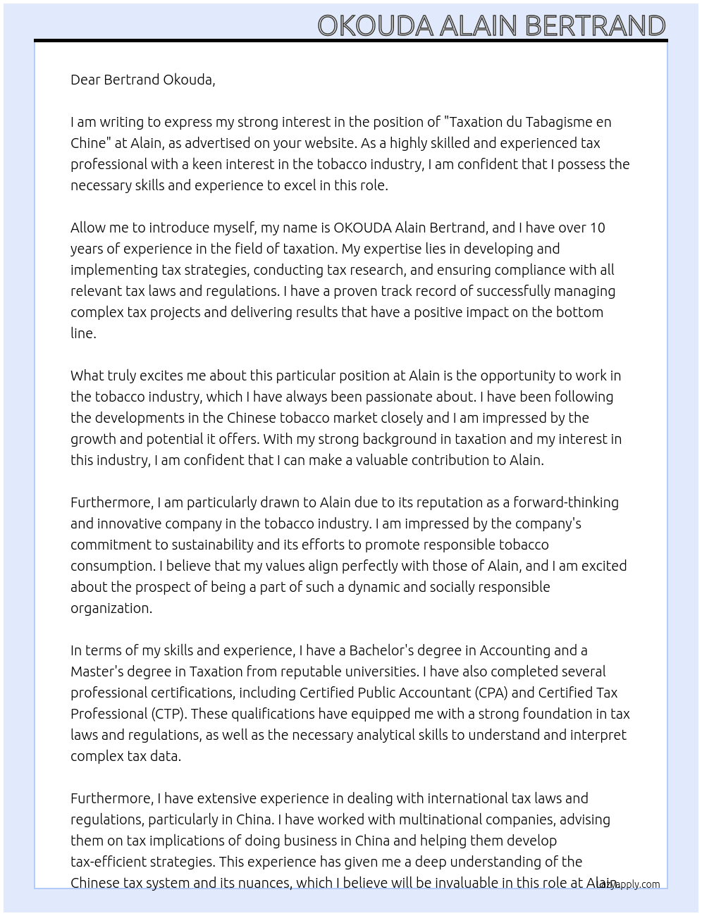 taxation du tabagisme en chine At Alain Cover Letter