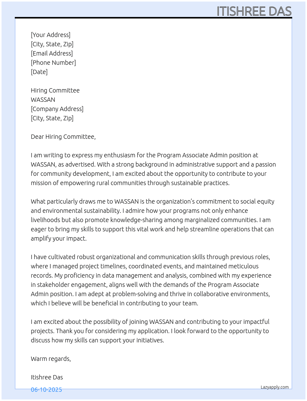 Cover letter for program associate admin - LazyApply