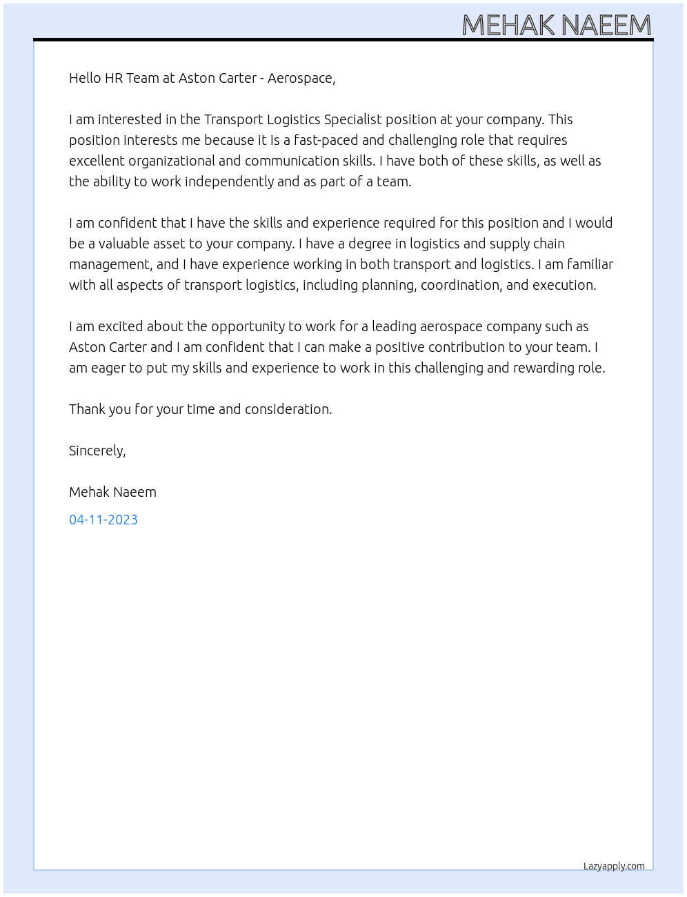 Transport Logistics Specialist At Aston Carter - Aerospace Cover Letter