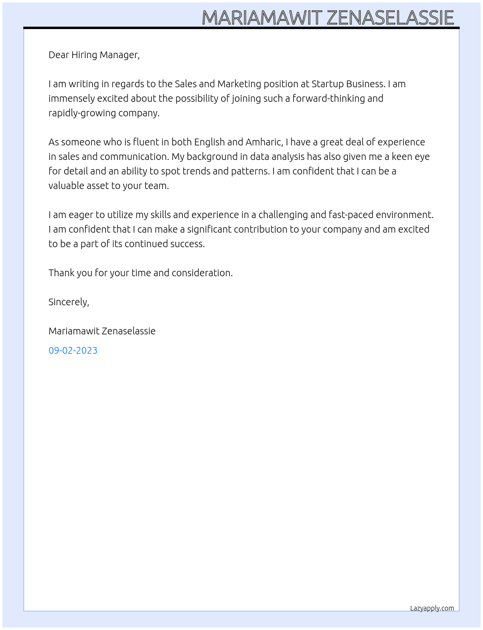 Sales and Marketing At Startup Business Cover Letter