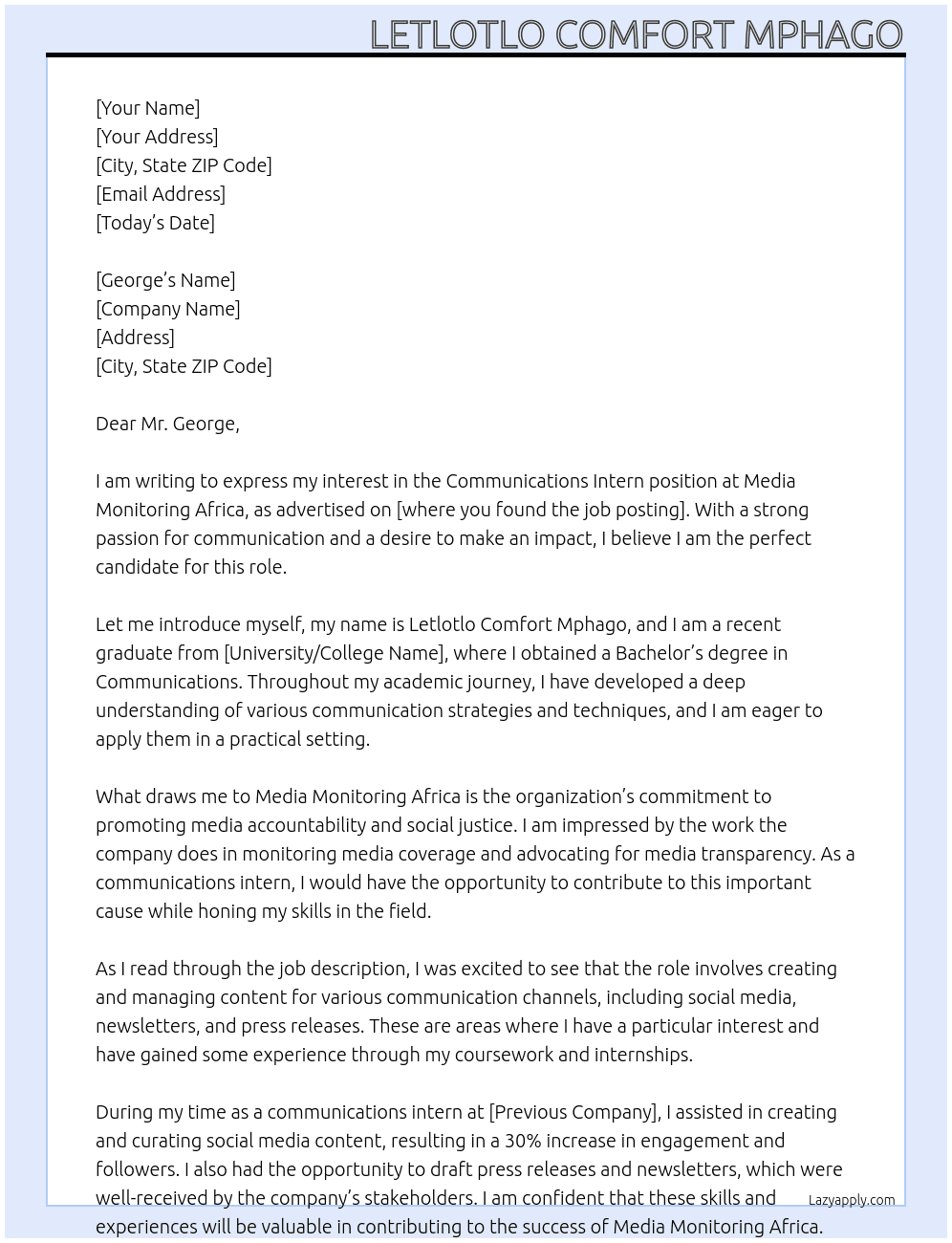 communications intern At Media Monitoring Africa Cover Letter