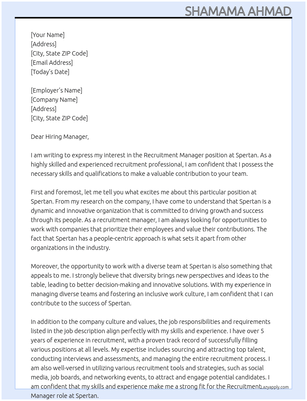 Recruitment Manager At Spertan  Cover Letter