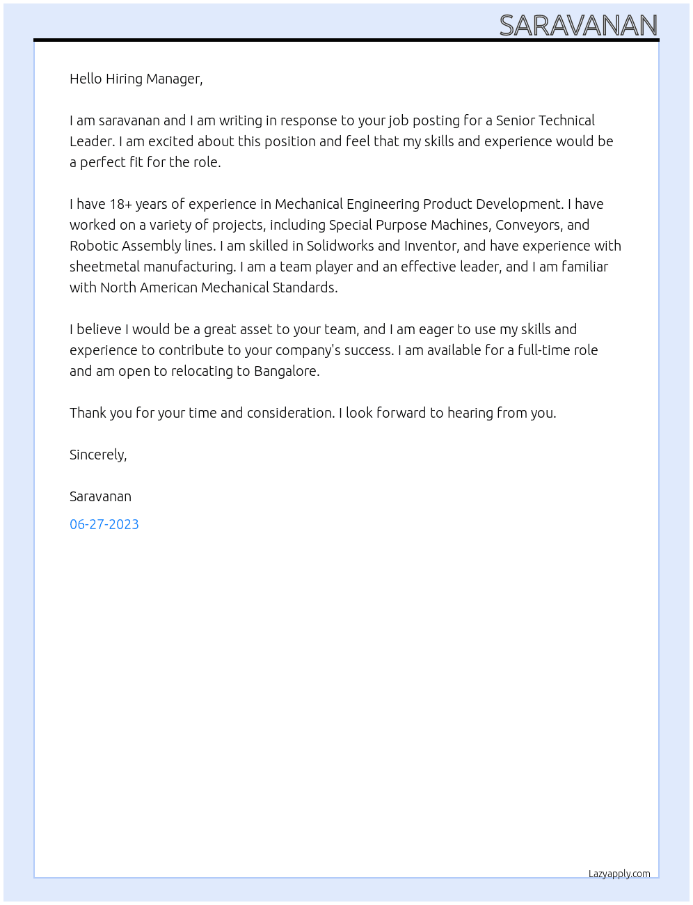  Senior Technical Leader  At Hyba Management Consultants Cover Letter