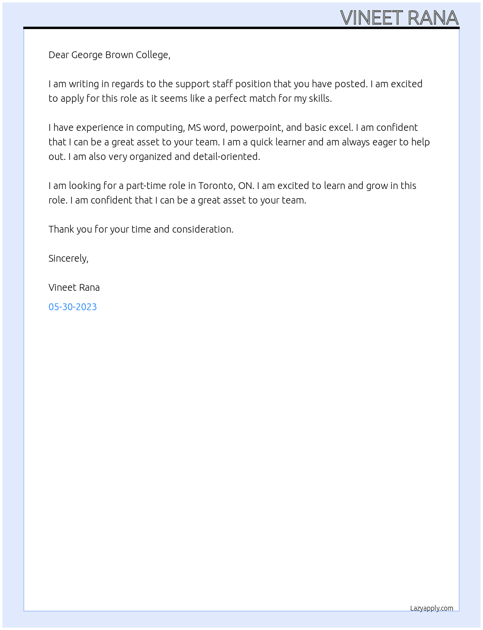 Support staff At George brown college Cover Letter