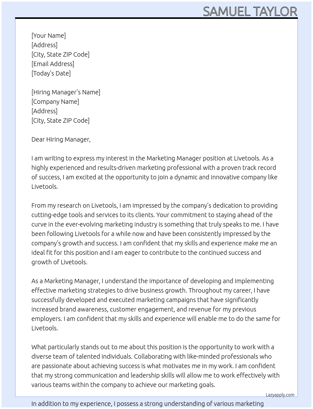 Marketing Manager At Livetools Cover Letter