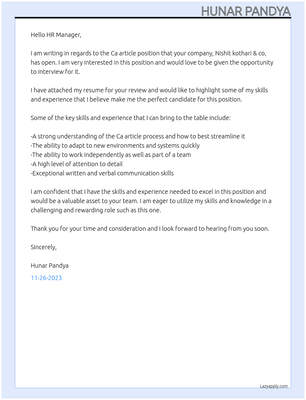 Ca article  At Nishit kothari & co. Cover Letter