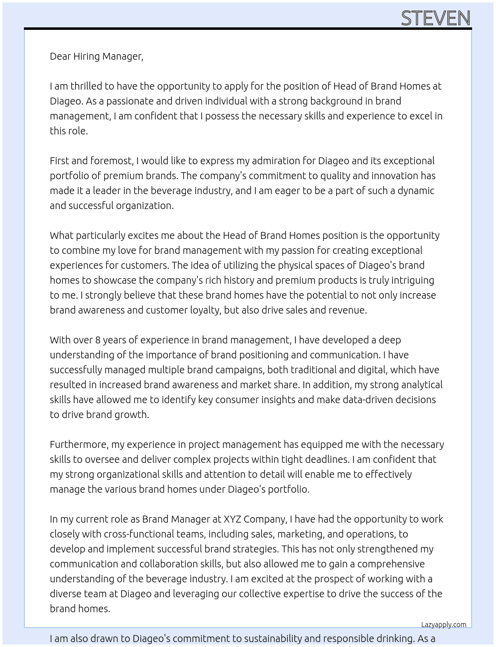 Head of Brand Homes At Diageo Cover Letter