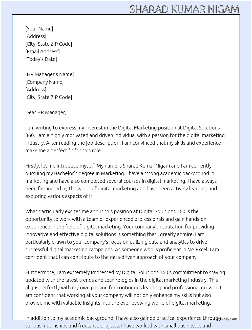 Digital marketing  At Digital solutions 360 Cover Letter