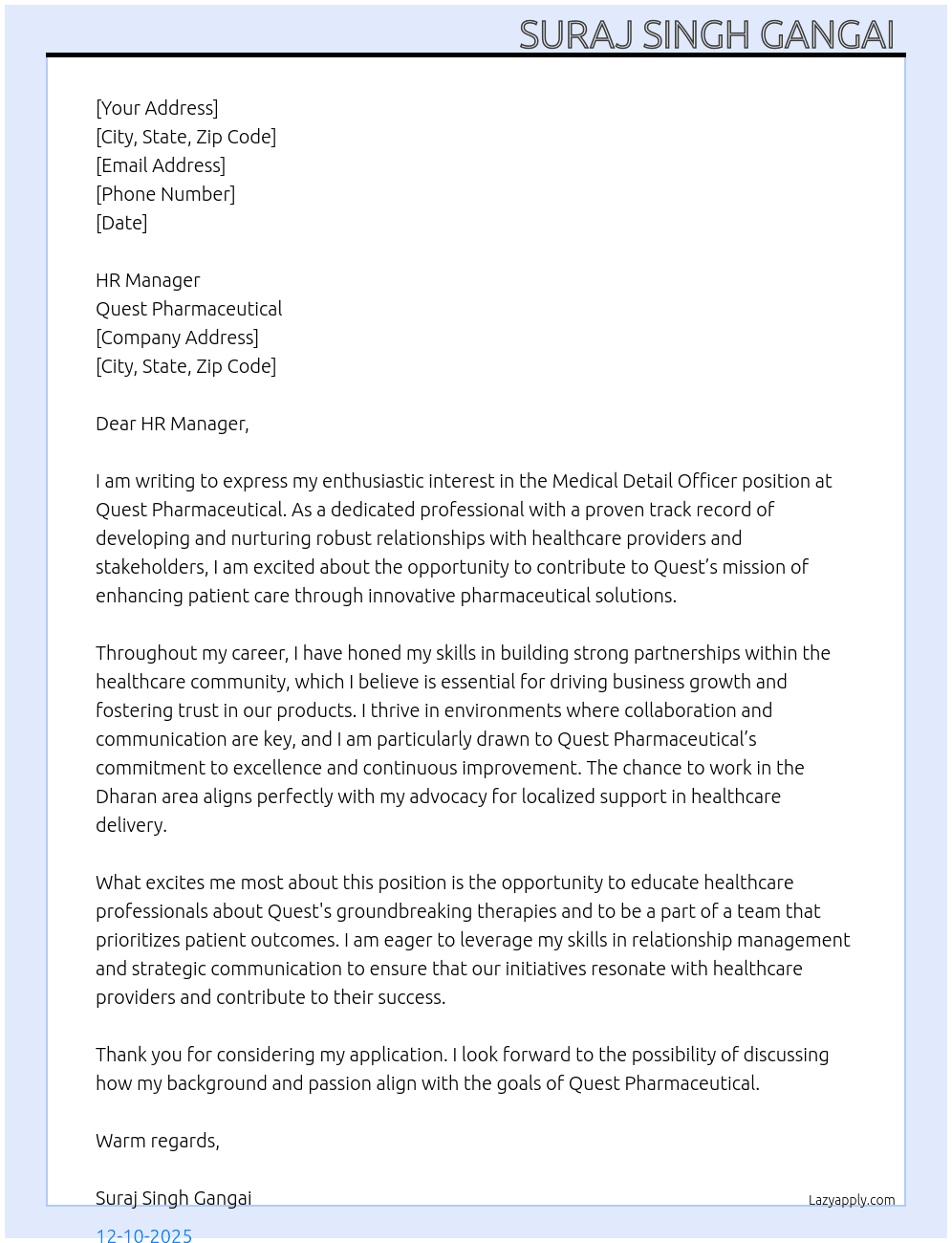 Medical detail officer  At Quest pharmaceutical  Cover Letter