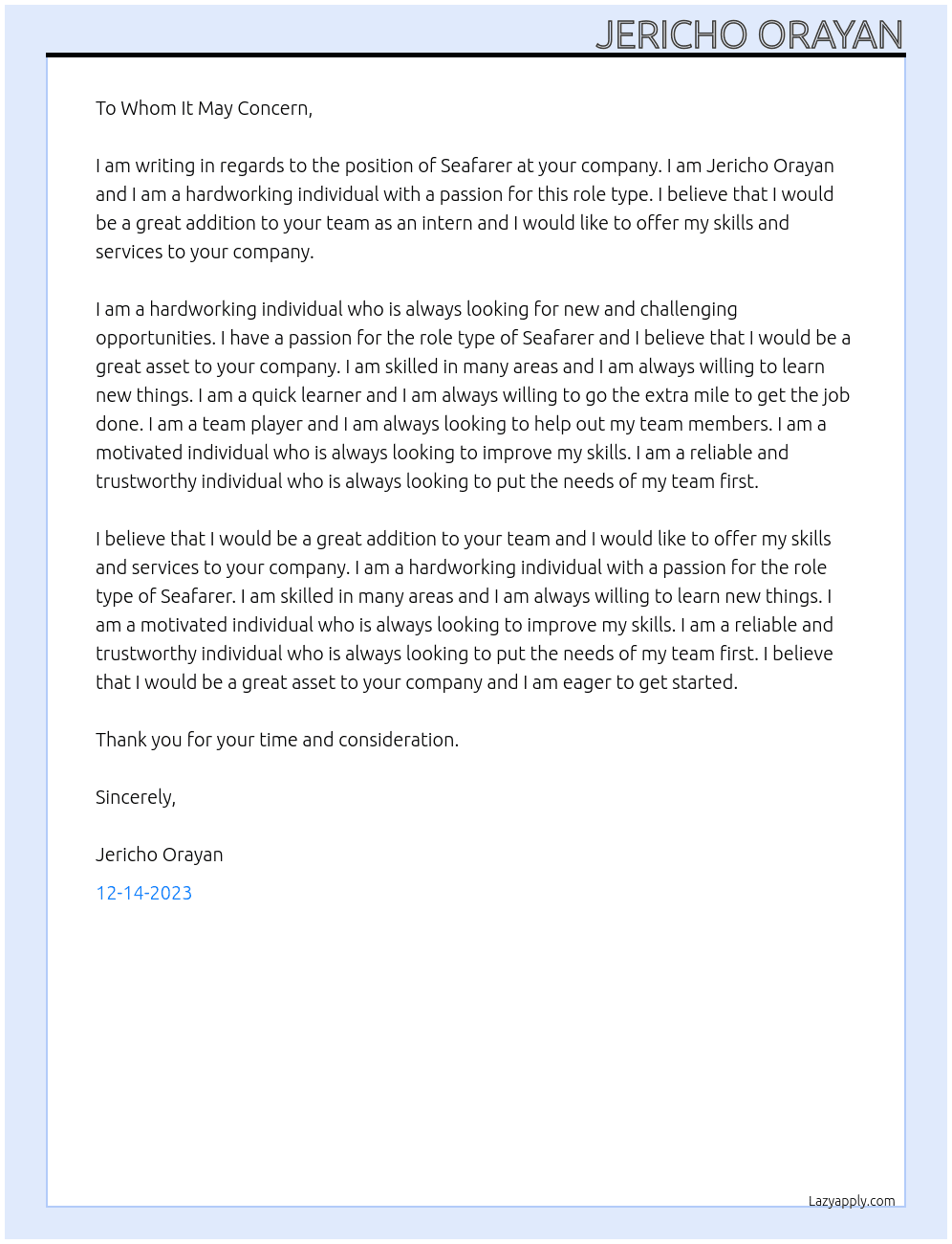 Seafarer  At intern Cover Letter