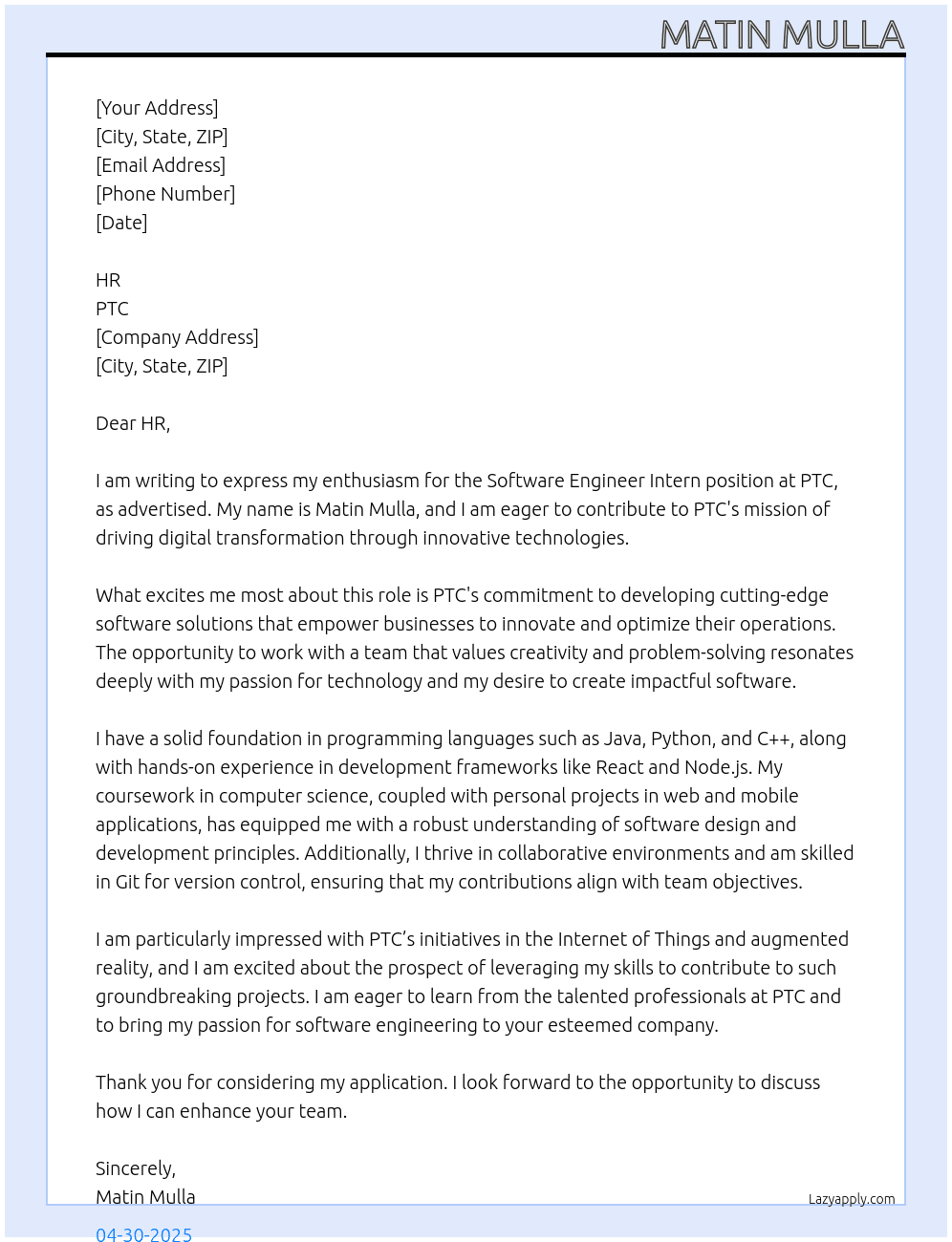 Software Engineer Intern At PTC Cover Letter
