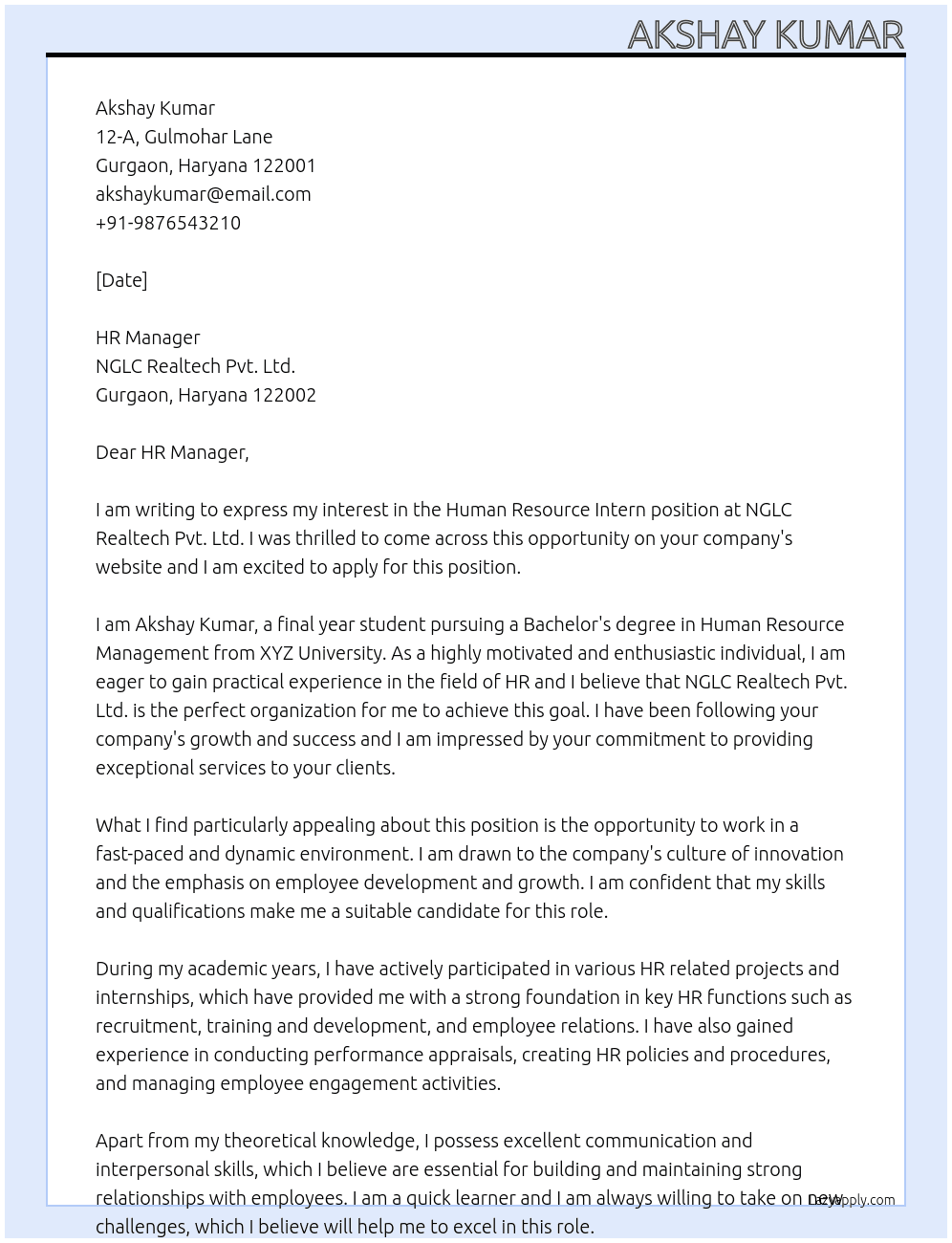 Human Resource Intern At NGLC Realtech Pvt. Ltd. Cover Letter