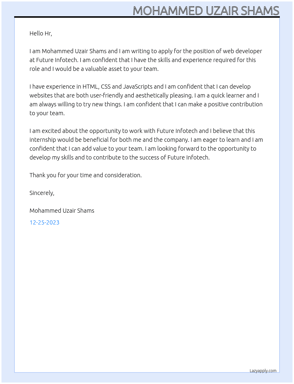 Web developer At Future Infotech Cover Letter