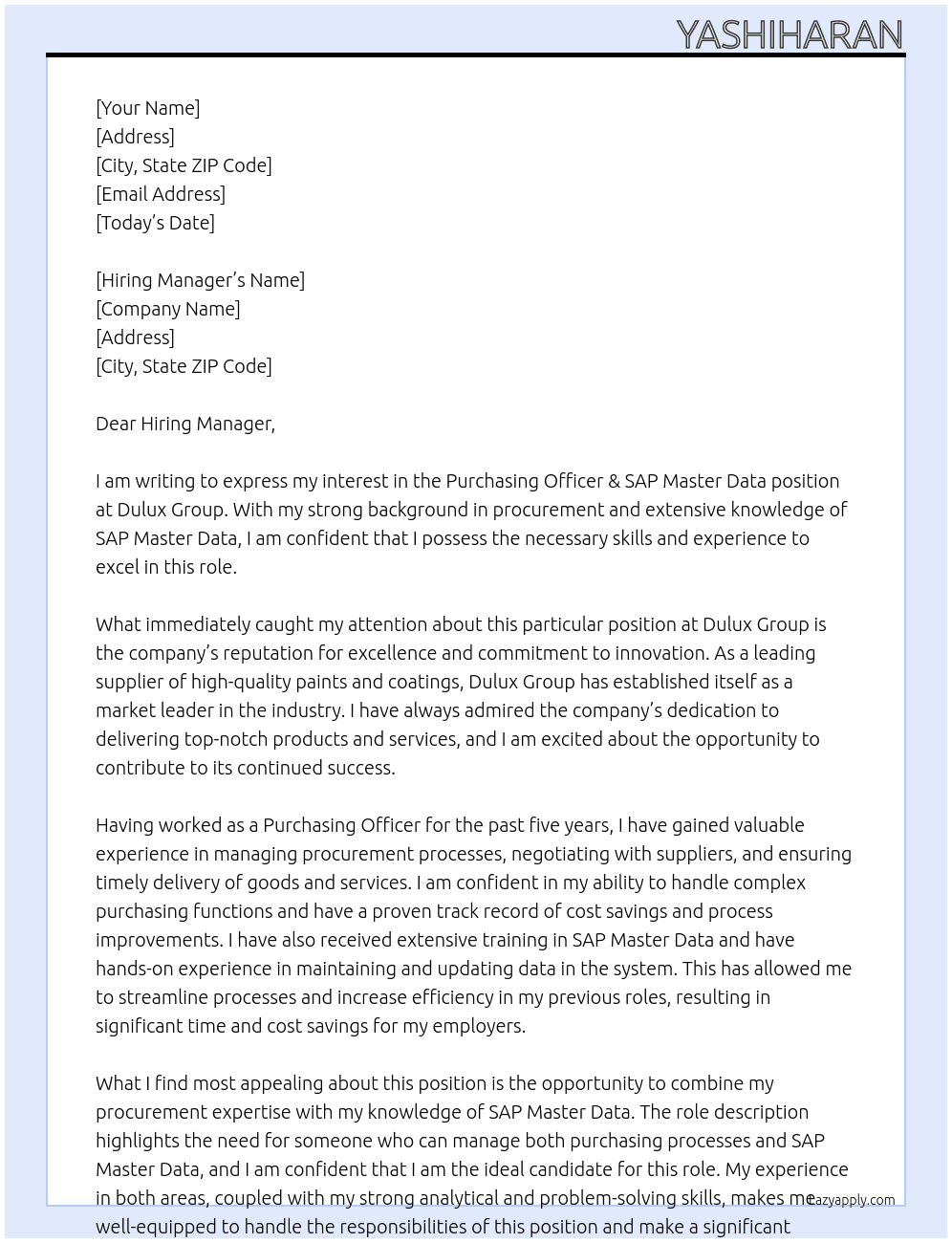 Purchasing Officer & SAP Master Data At Dulux Group Cover Letter