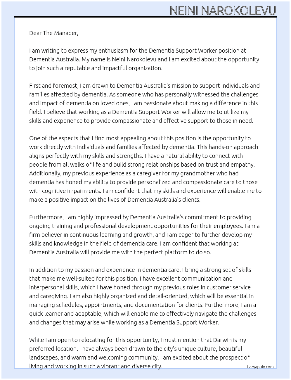 Dementia Support Worker At Dementia Australia Cover Letter