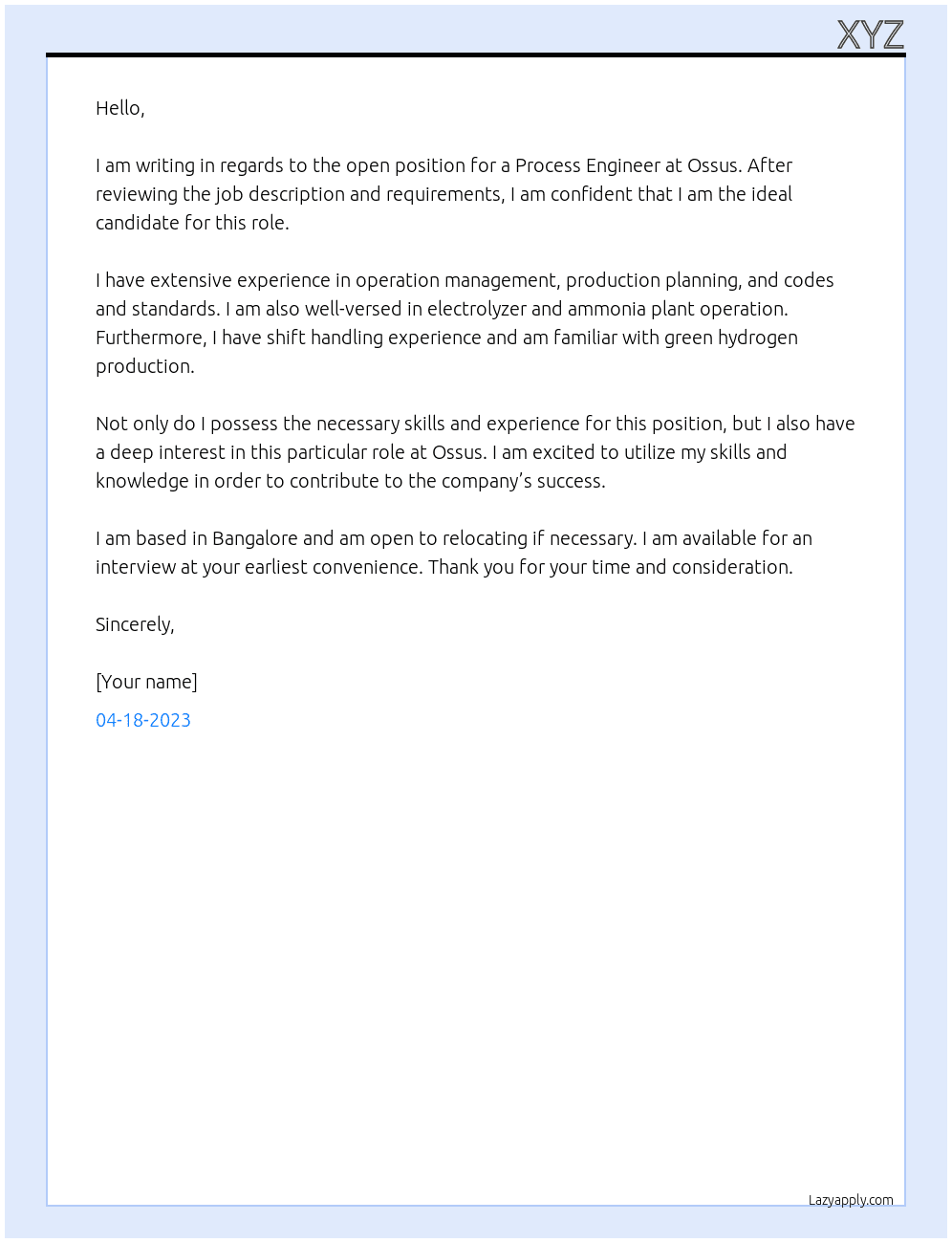 Process Engineer At Ossus Cover Letter