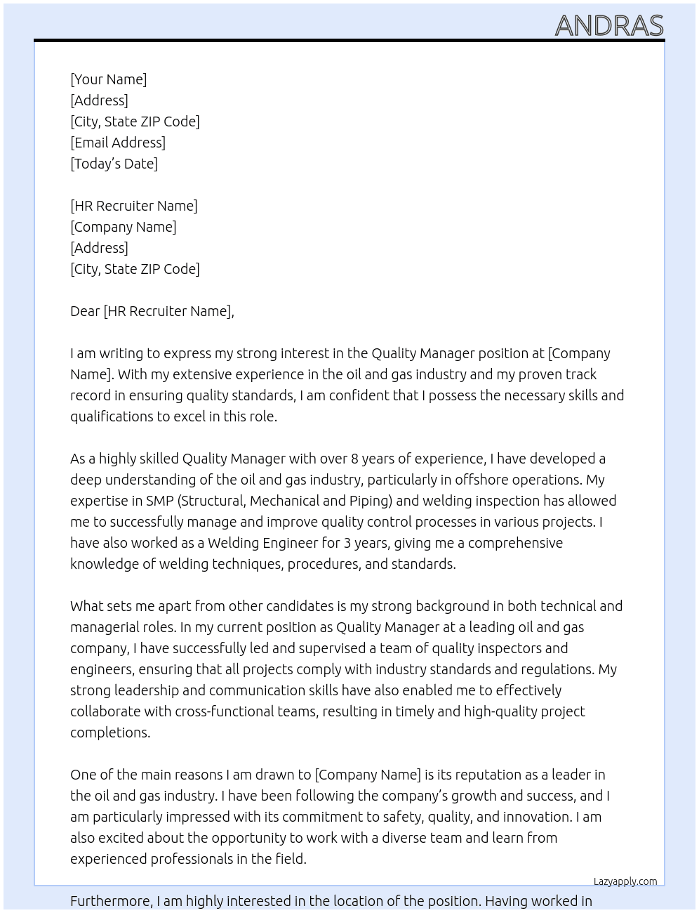 Cover letter for quality manager - LazyApply