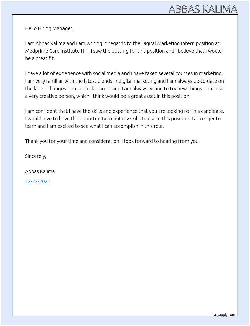 Digital Marketing Intern At Medprime Care Institute Hiri Cover Letter