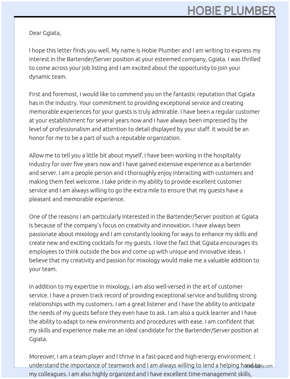 Bartender/Server At Ggiata Cover Letter
