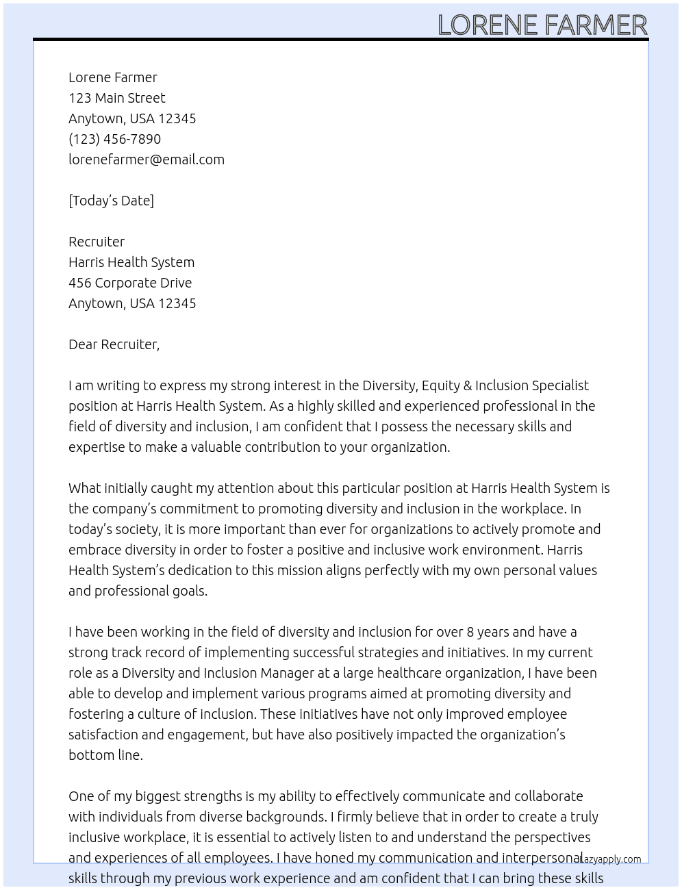 Diversity, Equity & Inclusion Specialist At Harris Health System  Cover Letter