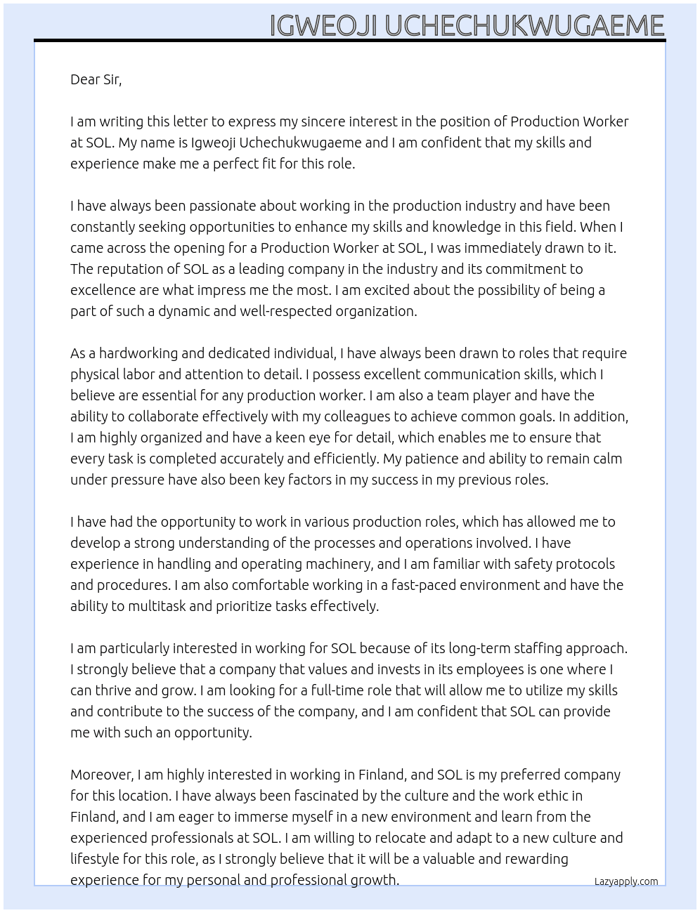 Production worker At SOL Cover Letter