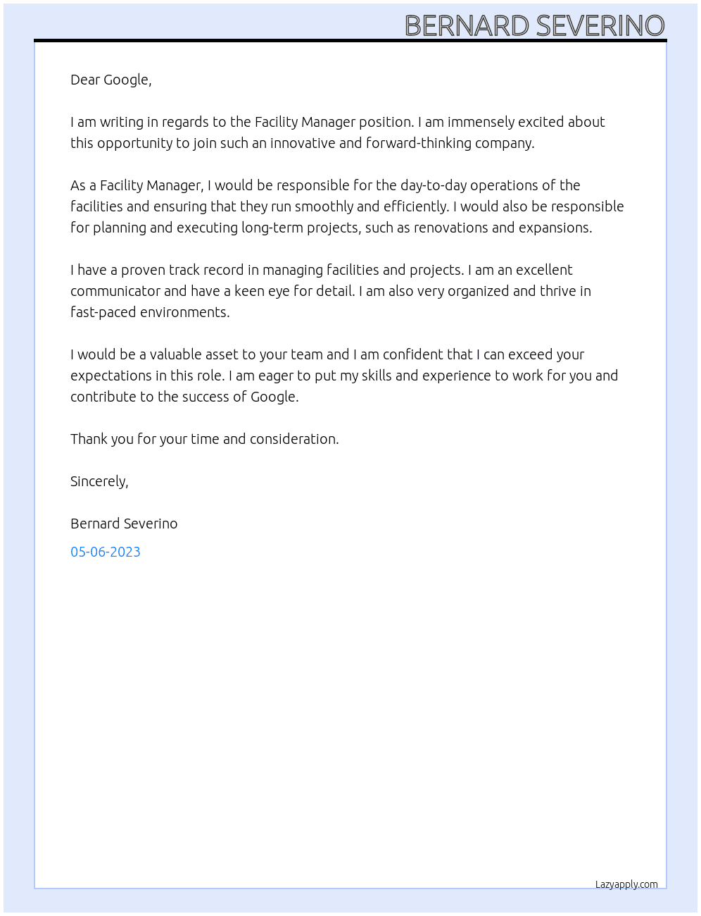 Facility Manager At google Cover Letter