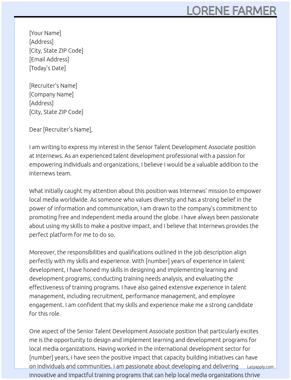 Senior Talent Development Associate At Internews Cover Letter