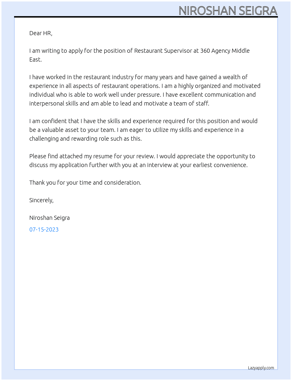 Restaurant Supervisor  At 360 Agency Middle East  Cover Letter