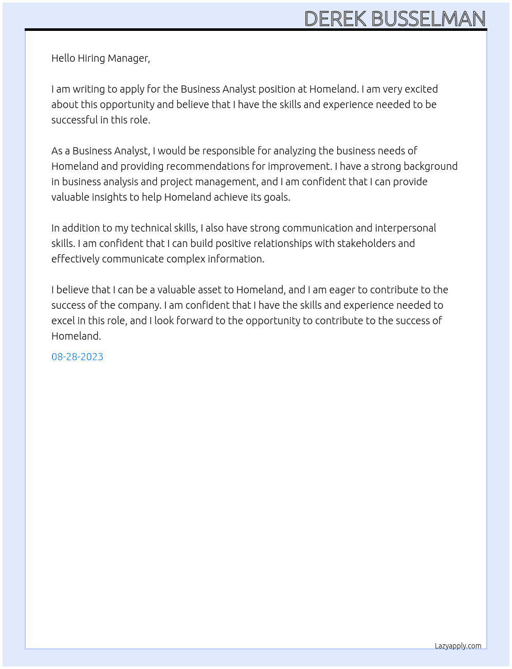 Business Analyst At Homeland Cover Letter